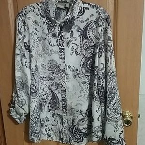 Chicos 3-4/long sleeve purple white paisley blouse